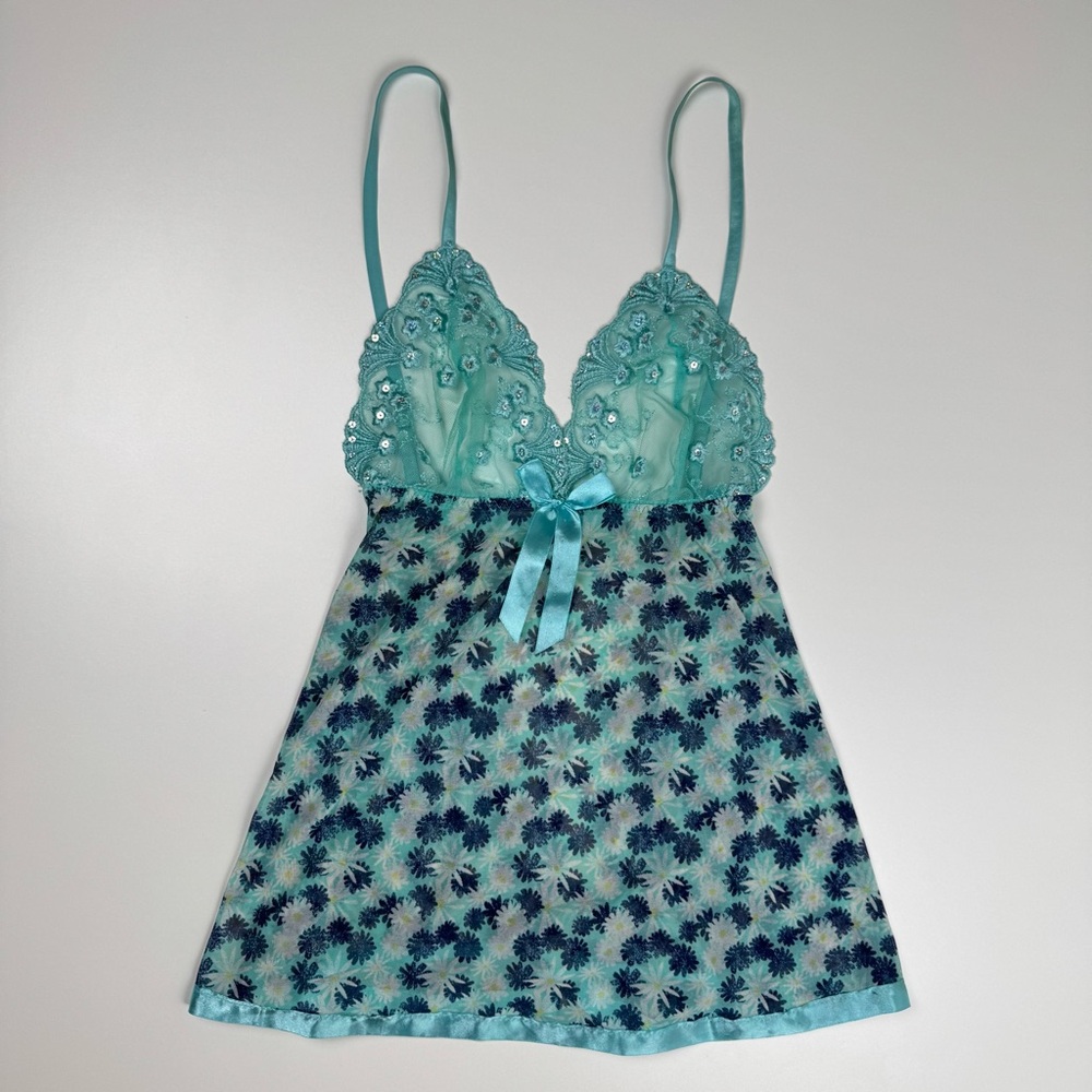 Y2K Blue Floral Lace Sequin Babydoll Lingerie Slip Dress Size Large Mermaidcore